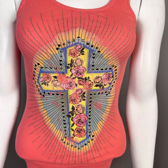 Y2K long ribbed tank top Mexican folk art Cross anthropology large VTG Skater - Picture 3 of 7